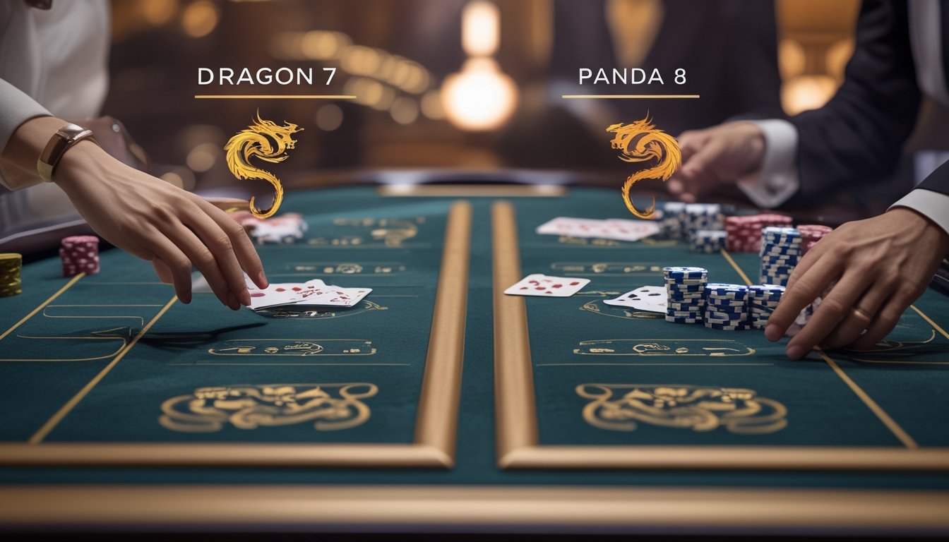 Meja permainan baccarat dengan motif naga dan panda yang menunjukkan perbedaan aturan dalam permainan EZ Baccarat terbaru.