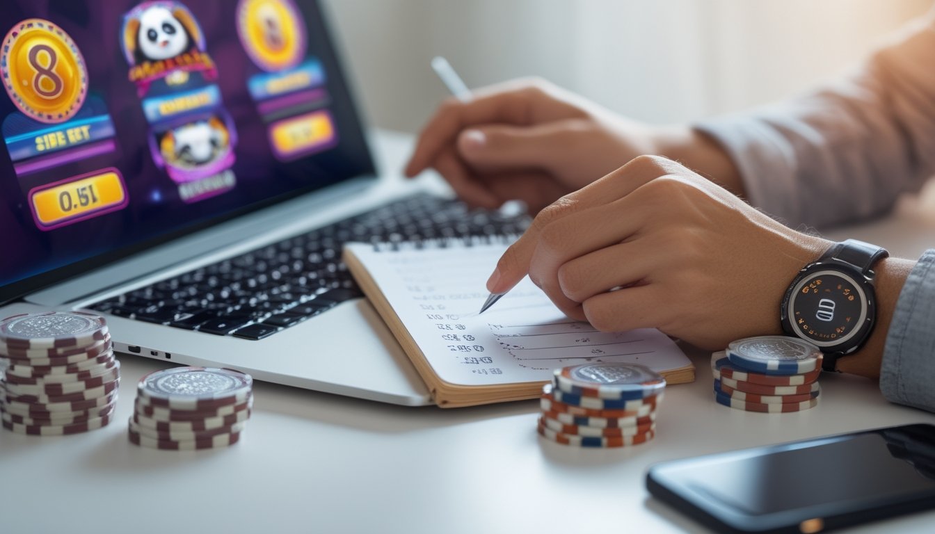 Seseorang sedang mengelola uang taruhan di depan laptop dengan tampilan permainan kasino online bertema panda, di meja terdapat tumpukan chip dan catatan.