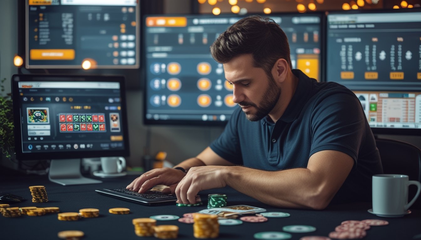 Seorang pria dewasa sedang mengelola uang dan bermain Side Bet Panda 8 di kasino online dengan beberapa layar komputer di meja.