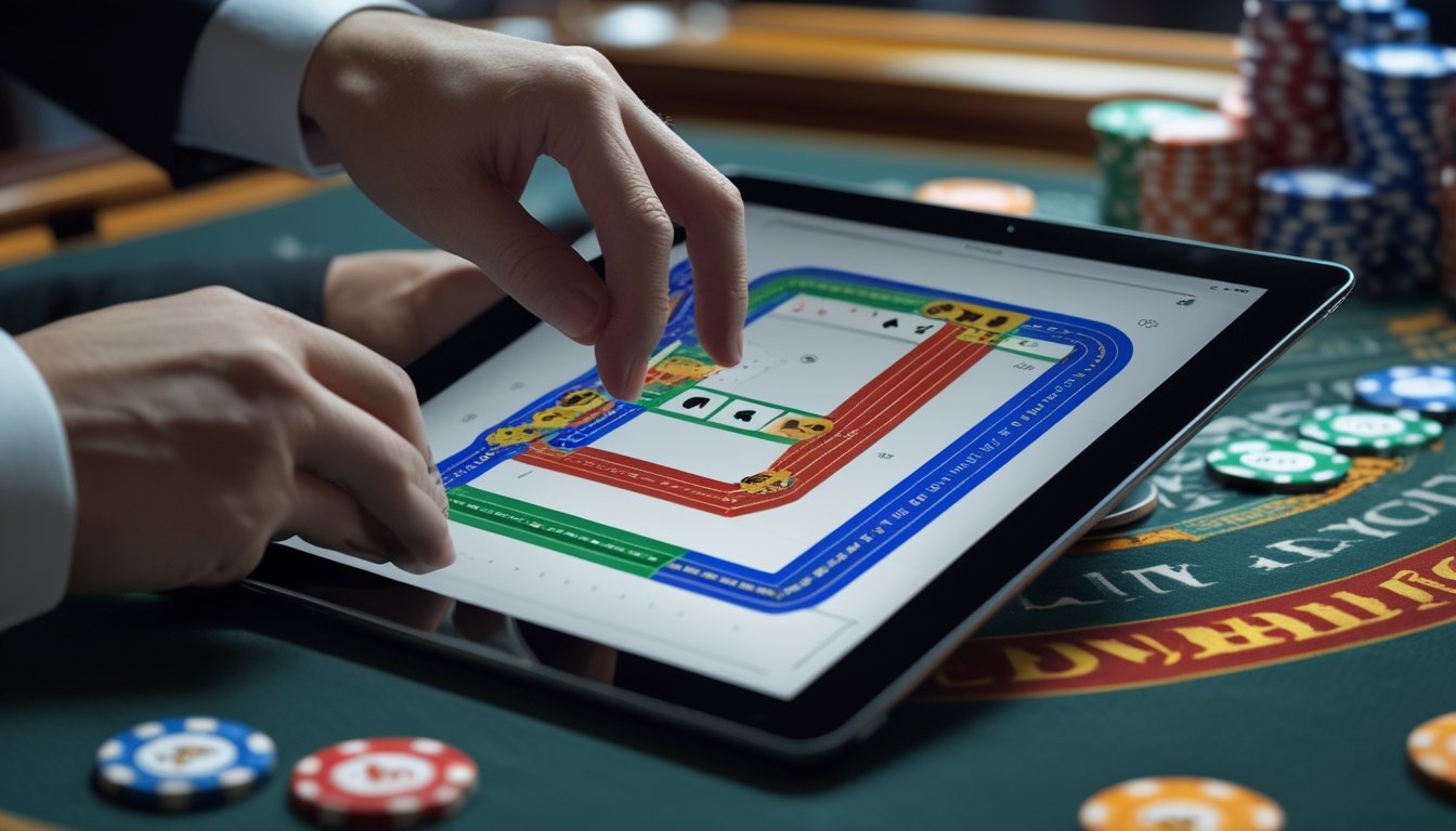 Tangan seseorang sedang menganalisis pola tren permainan baccarat pada layar tablet di atas meja kasino.