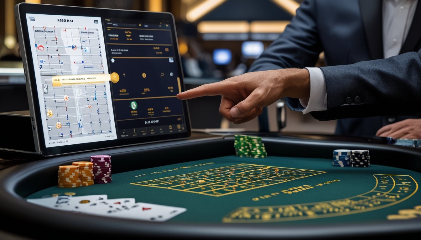 Meja baccarat dengan peta pola jalan yang sedang dianalisis oleh dealer di kasino.