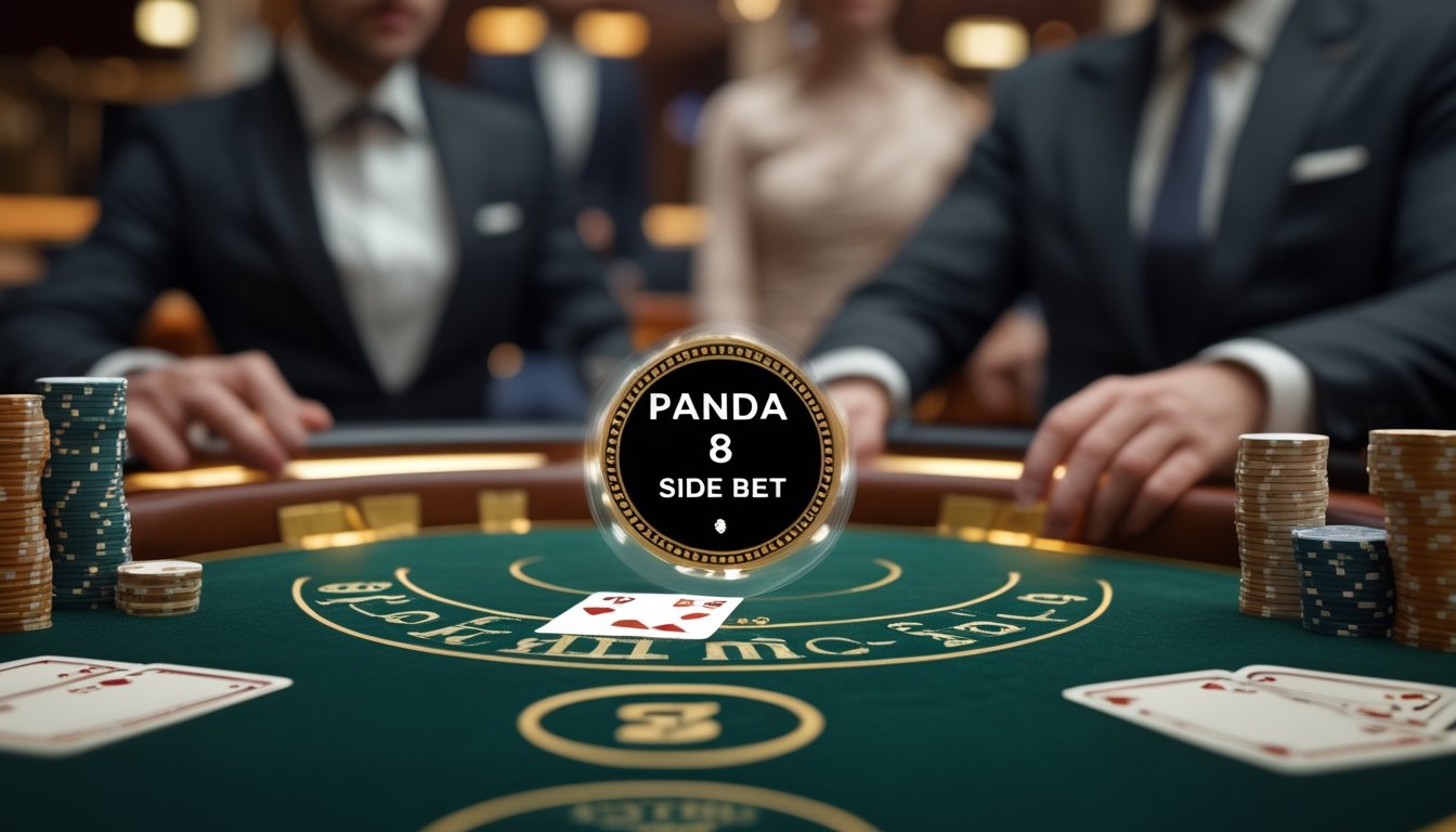 Meja baccarat dengan kartu dan chip, menampilkan area taruhan sampingan Panda 8 yang menonjol, dengan pemain dan dealer di latar belakang.