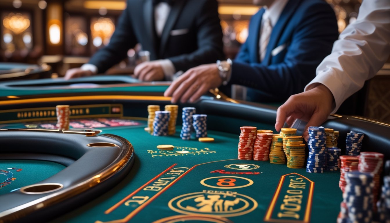 Meja baccarat dengan taruhan sampingan Panda 8 yang ramai, pemain dan dealer sedang bermain di kasino.