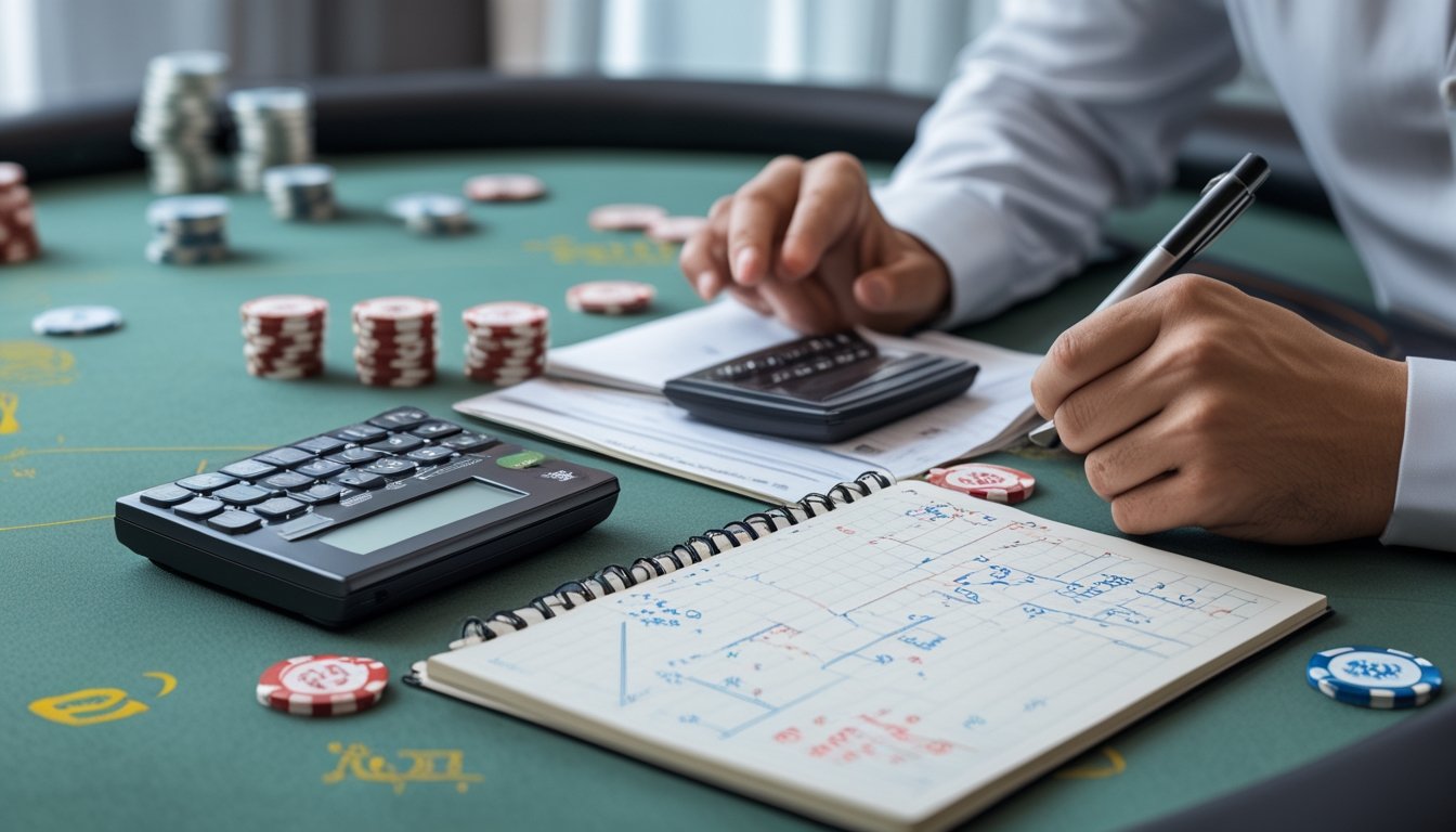 Seseorang sedang menghitung peluang taruhan Panda 8 Baccarat di meja kasino dengan kartu dan chip taruhan.