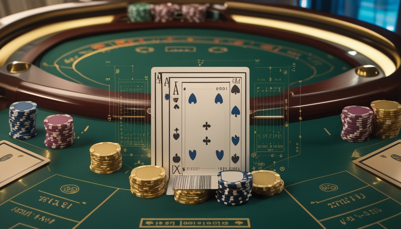 Meja kasino dengan kartu Baccarat dan chip, menampilkan area taruhan Panda 8 dengan grafik probabilitas dan rumus matematika di latar belakang.