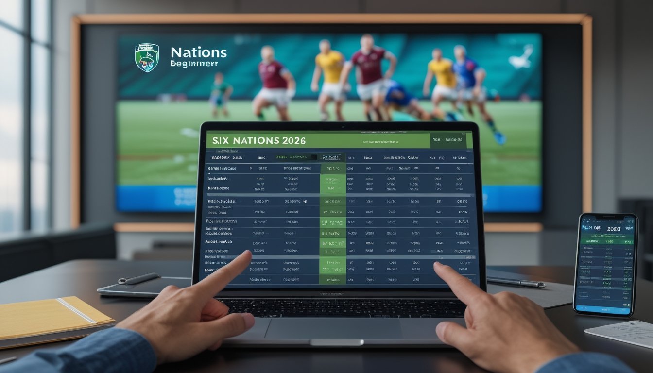 Meja kerja dengan laptop yang menampilkan statistik pertandingan rugby dan peluang taruhan handicap, dengan layar besar di latar belakang menampilkan pertandingan rugby yang sedang berlangsung.
