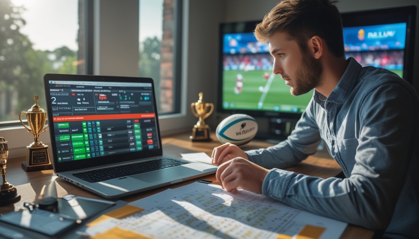Seorang pria muda sedang duduk di meja dengan laptop dan tablet yang menampilkan statistik dan jadwal turnamen rugby, dikelilingi oleh perlengkapan rugby di ruang kerja yang terang.