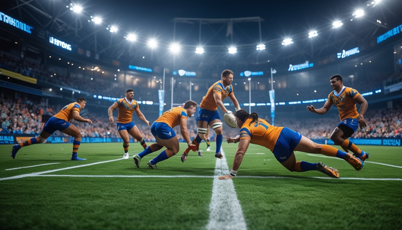 Pertandingan Rugby Sevens yang intens dengan pemain yang sedang berlomba di lapangan dan penonton yang antusias di stadion.