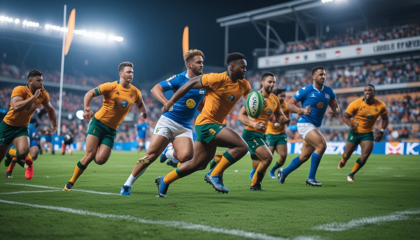 Para pemain rugby sedang berlari dan bertanding di lapangan hijau dengan penonton di latar belakang.