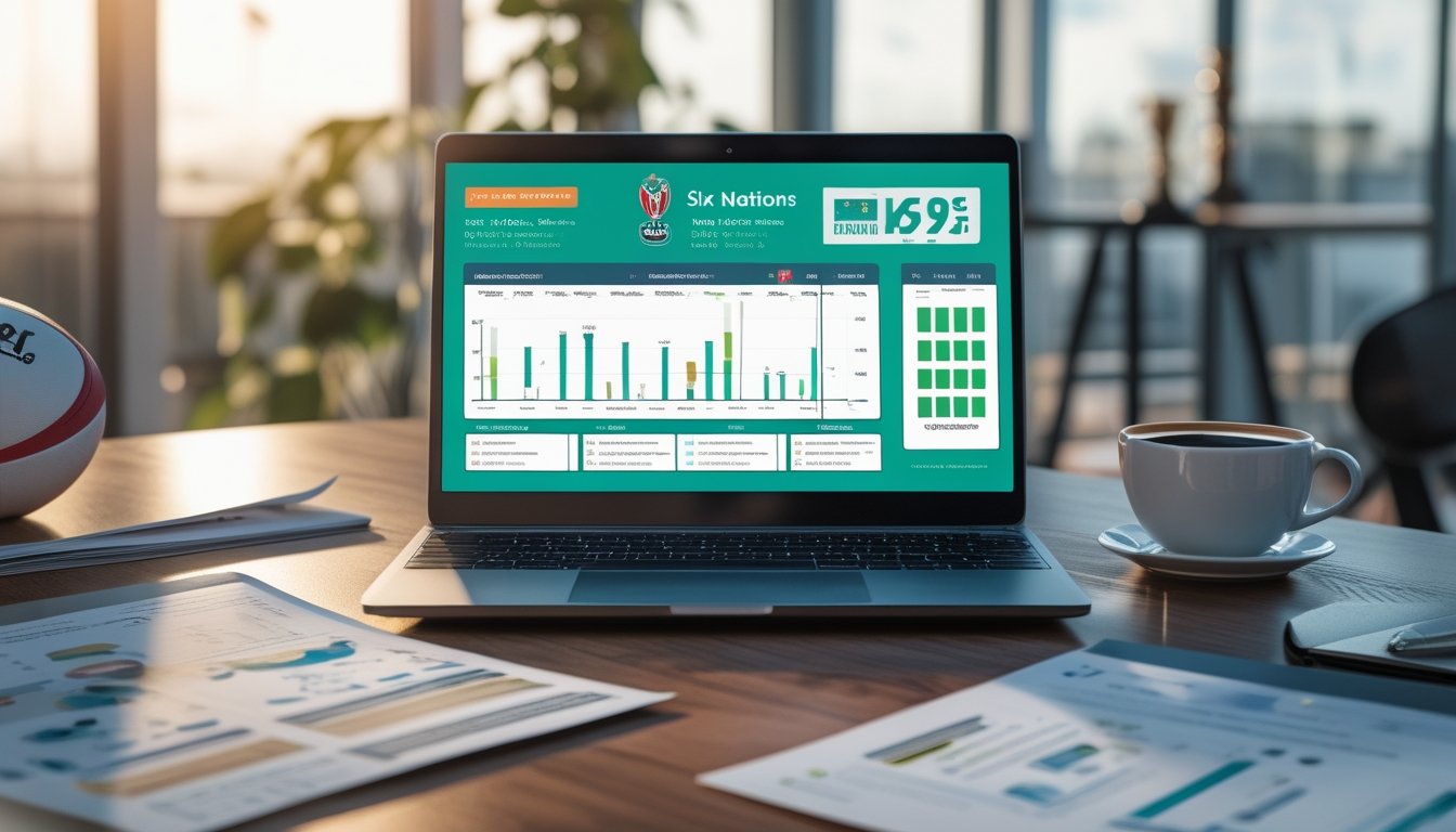Seorang analis olahraga sedang bekerja dengan laptop yang menampilkan statistik pemain rugby dan grafik di atas meja kayu dengan bola rugby dan laporan cetak.