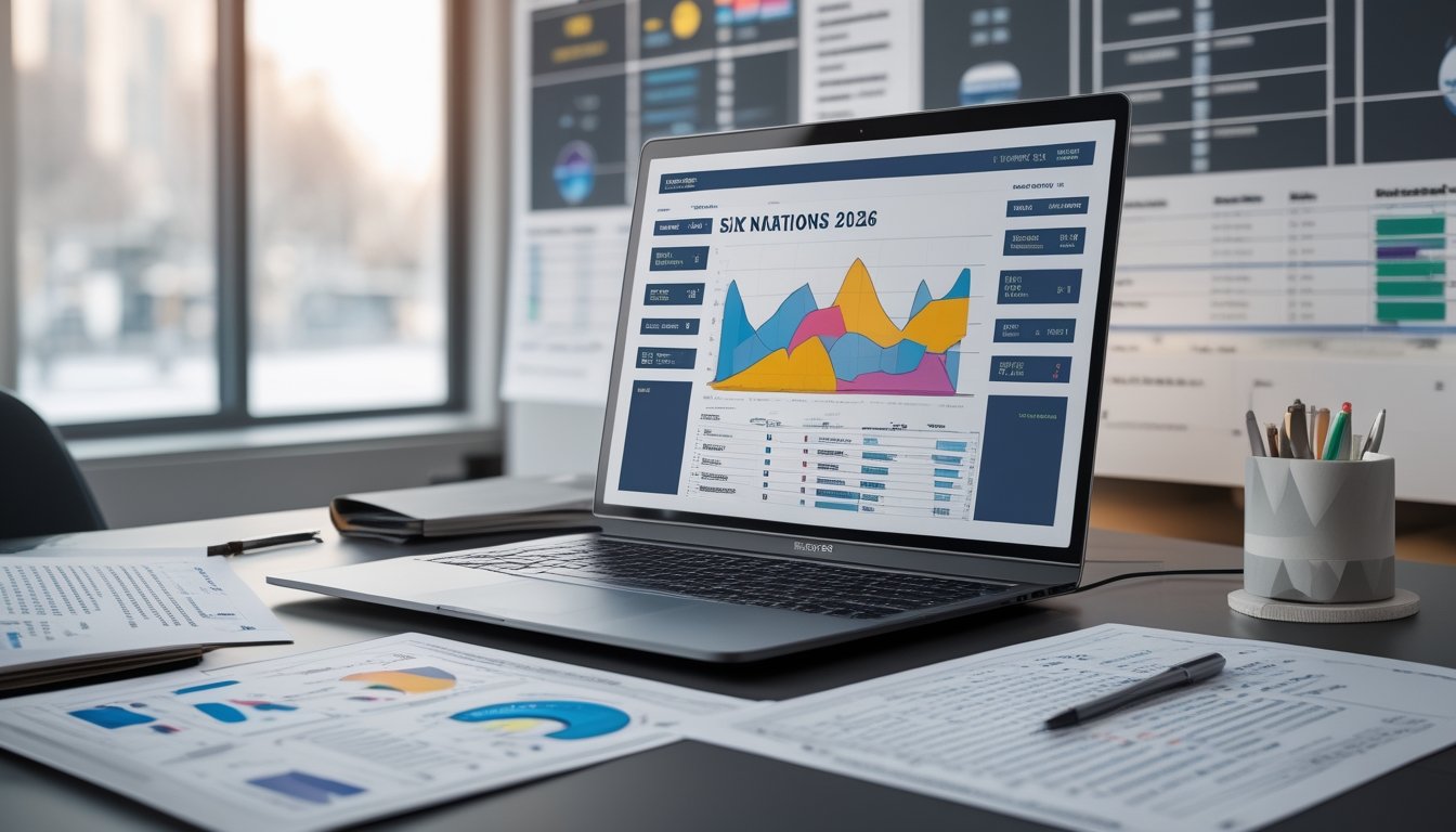 Meja kerja dengan laptop yang menampilkan grafik statistik pemain rugby dan dokumen data di sekitarnya.
