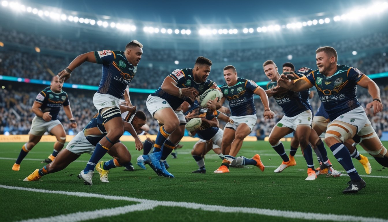 Pertandingan rugby Major League Rugby babak playoff 2026 dengan dua tim yang sedang bertanding di lapangan hijau, dikelilingi oleh penonton yang antusias.