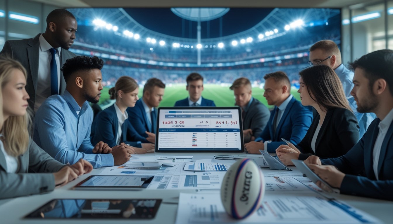 Sekelompok profesional sedang berdiskusi di meja konferensi dengan perangkat digital dan bola rugby, latar belakang menampilkan stadion rugby yang ramai.