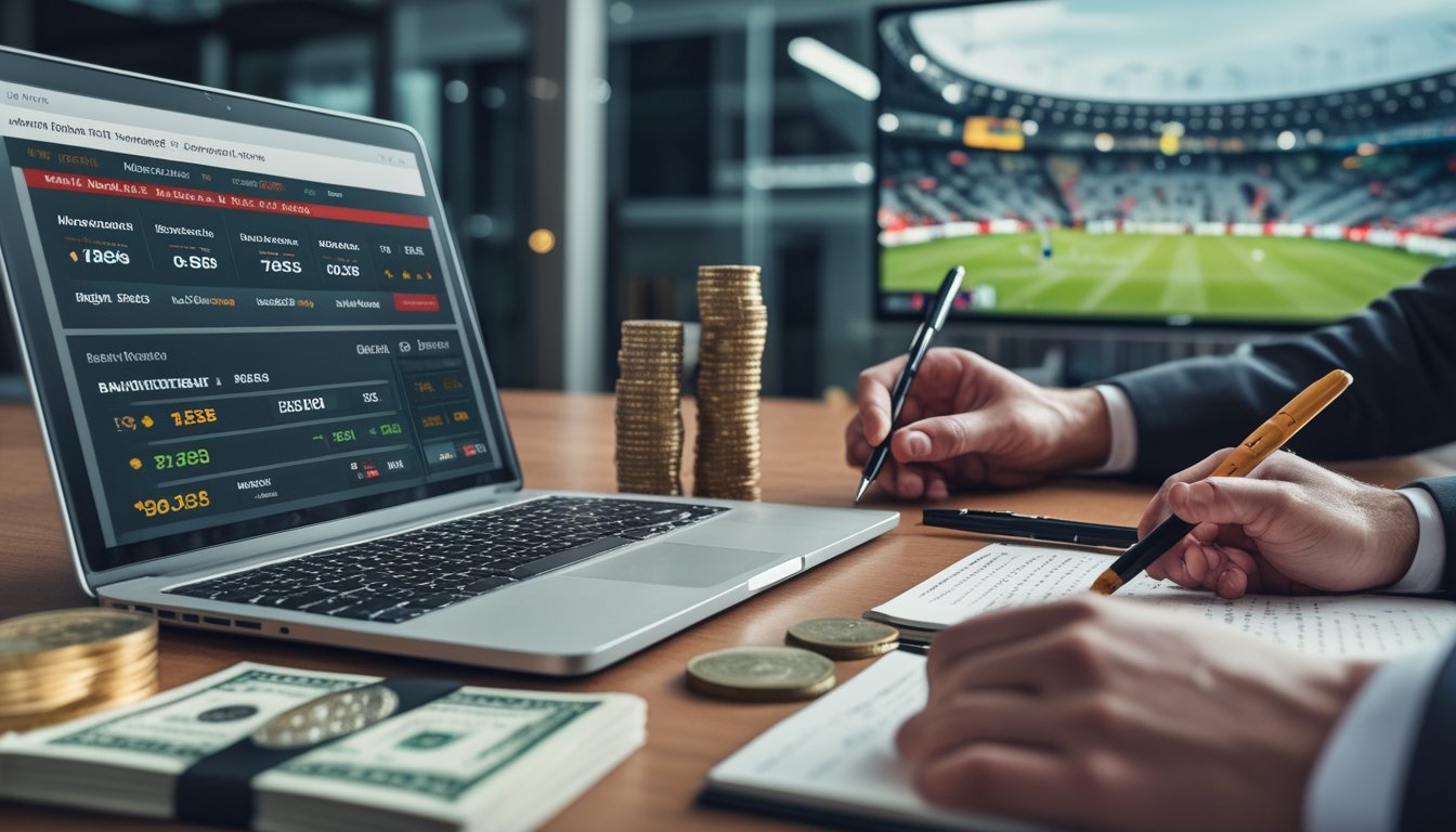 Meja kerja dengan laptop menampilkan statistik rugby, uang tertata rapi, dan tangan seseorang yang sedang mencatat, dengan pertandingan rugby sedang berlangsung di layar besar di latar belakang.