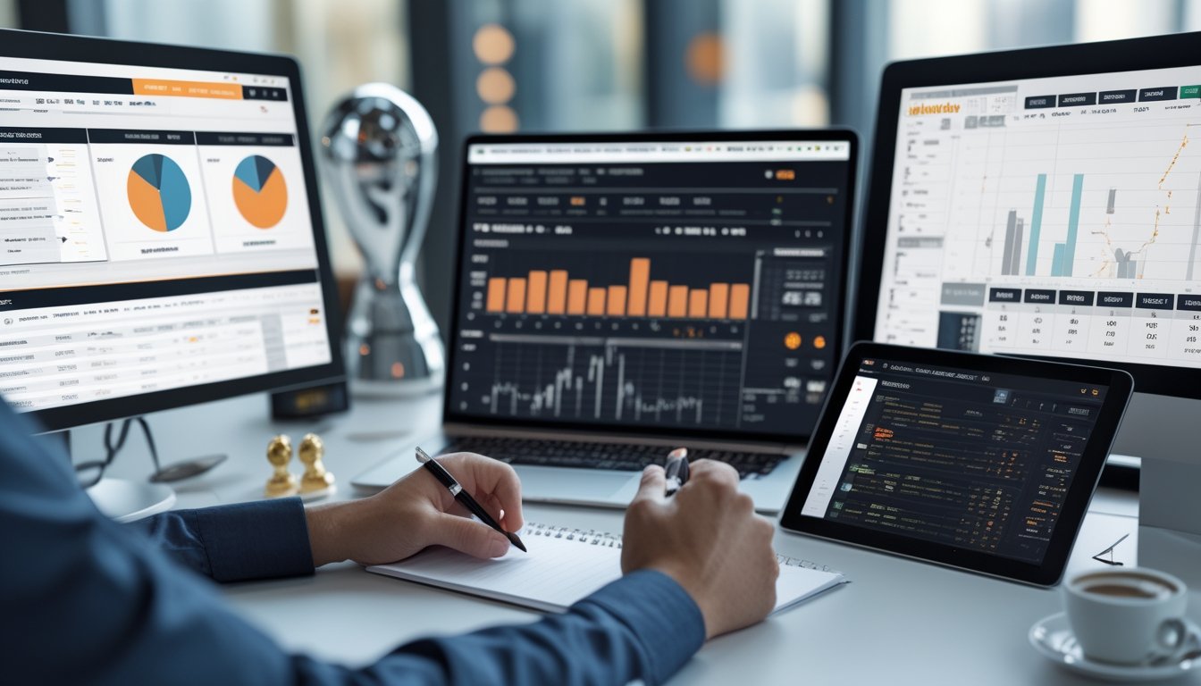 Seorang profesional sedang menganalisis data statistik sepak bola di meja kerja dengan beberapa perangkat digital dan catatan.