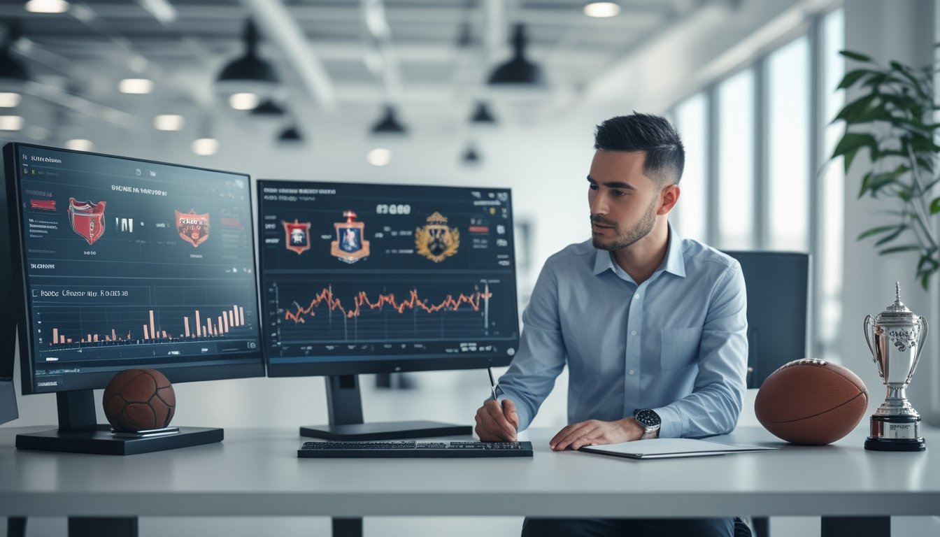 Seorang profesional sedang menganalisis data statistik pertandingan sepak bola di depan komputer di ruang kerja modern.