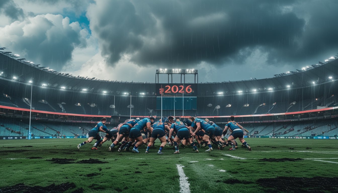 Pertandingan rugby sedang berlangsung di lapangan basah dan berlumpur dengan langit mendung dan penonton memakai jas hujan serta payung.