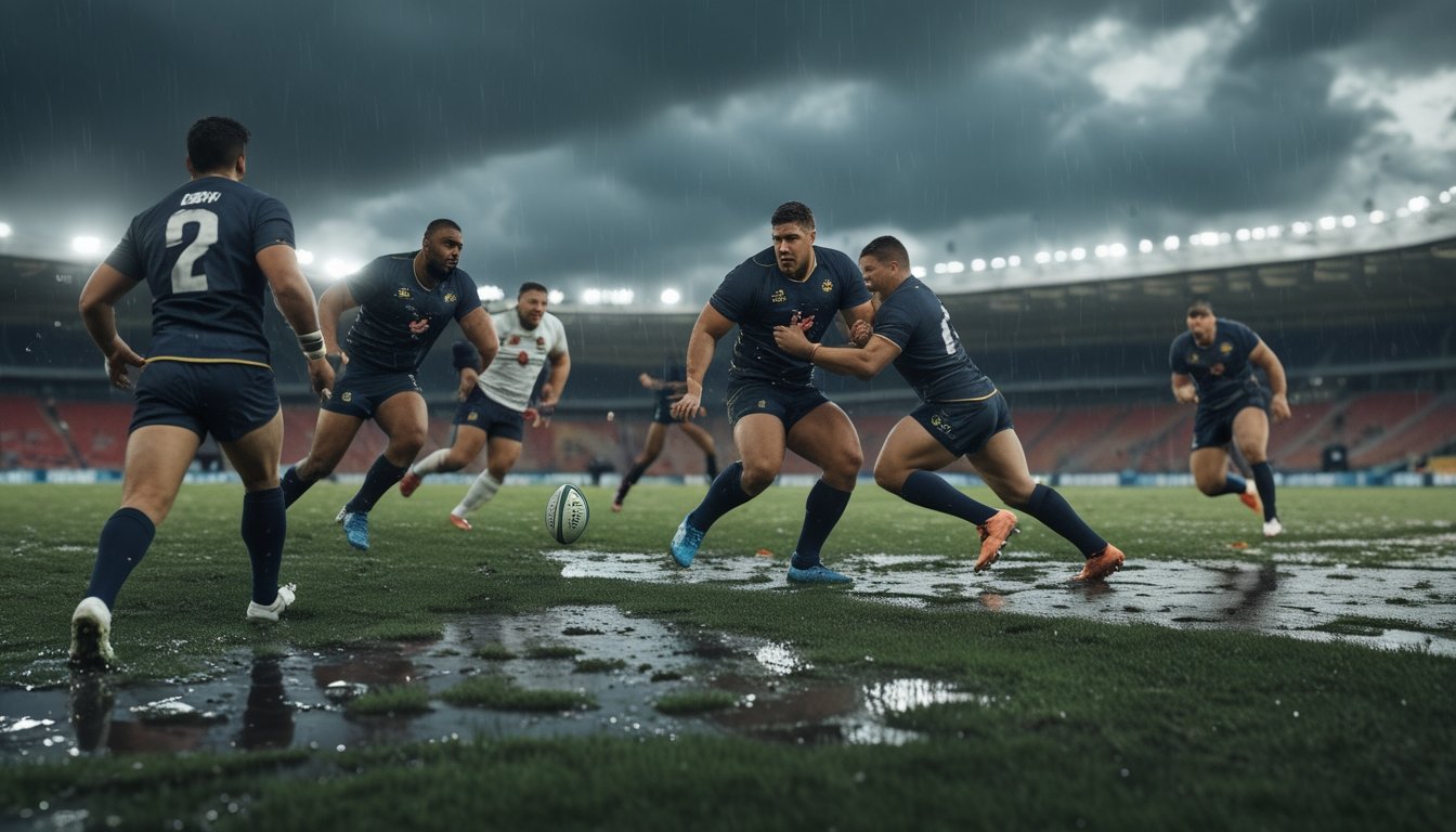 Pertandingan rugby union berlangsung di lapangan basah dan berlumpur dengan langit mendung dan pemain yang sedang beraksi.