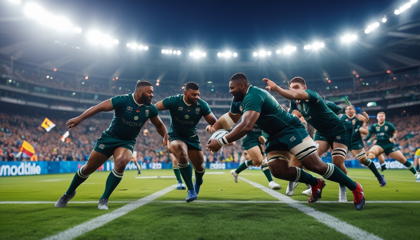 Pertandingan rugby sedang berlangsung dengan pemain yang beraksi di lapangan hijau dan penonton di stadion yang penuh semangat.