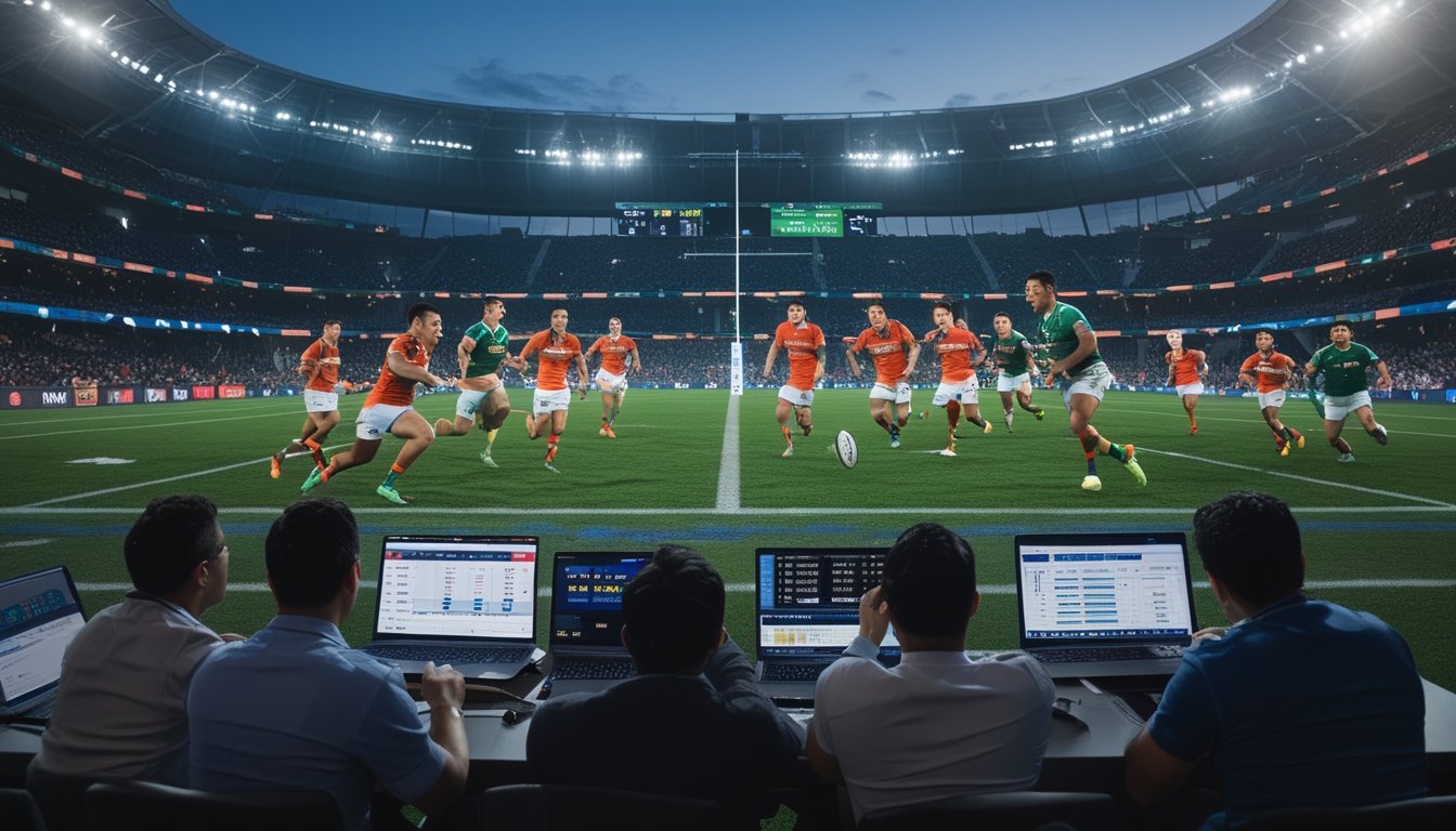 Pertandingan rugby langsung dengan pemain yang sedang bertanding dan penonton yang menggunakan perangkat digital untuk memasang taruhan.