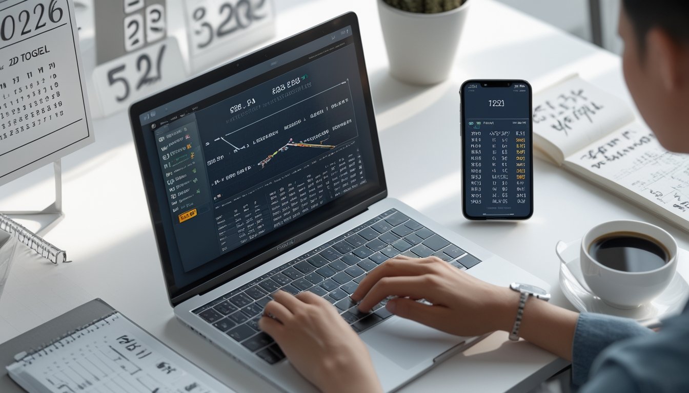 Orang sedang menggunakan laptop dan ponsel di meja kerja dengan catatan dan grafik untuk merencanakan strategi togel online.