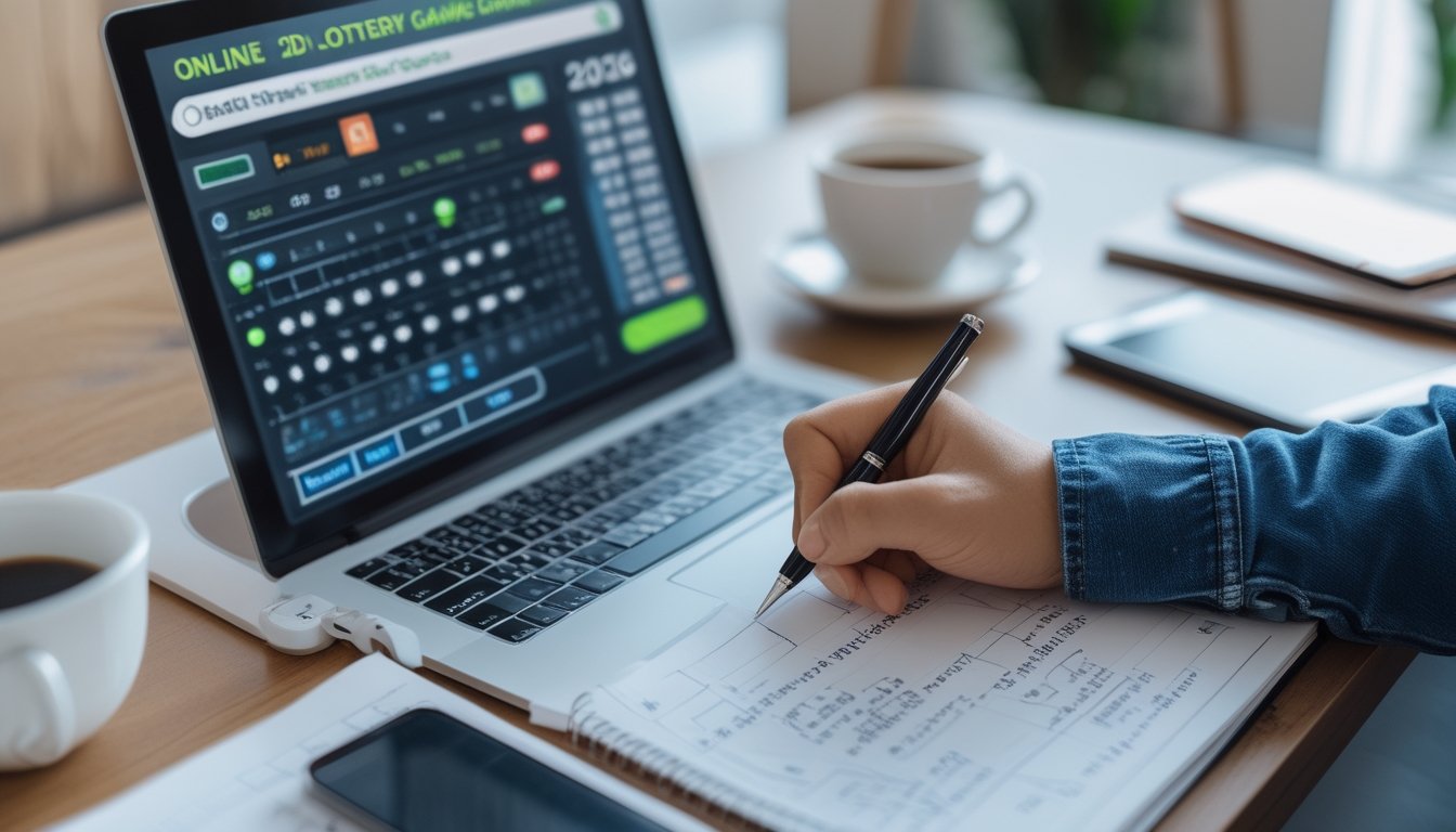 Seseorang sedang menganalisis data togel online di depan laptop dengan catatan dan alat tulis di meja kerja.
