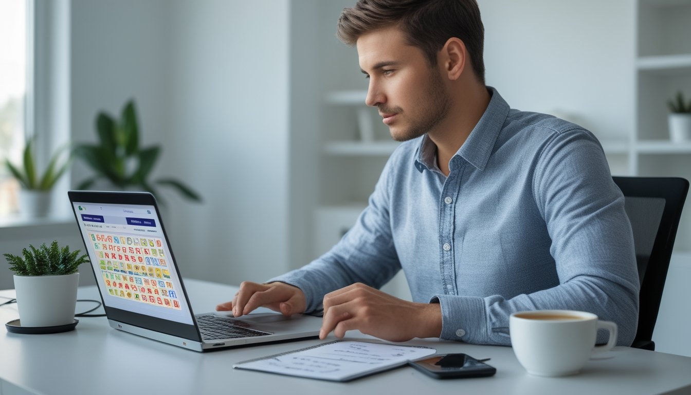 Seorang pria muda duduk di meja kerja dengan laptop, fokus pada layar yang menampilkan antarmuka permainan togel online, di ruangan yang terang dan rapi.