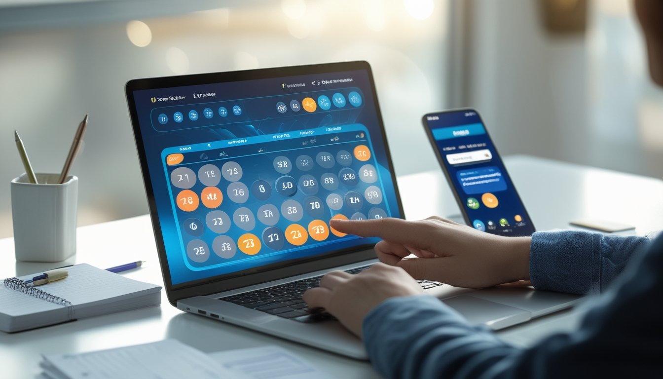 Meja kerja dengan laptop menampilkan antarmuka permainan togel online, tangan seseorang menunjuk layar, suasana belajar dan fokus.
