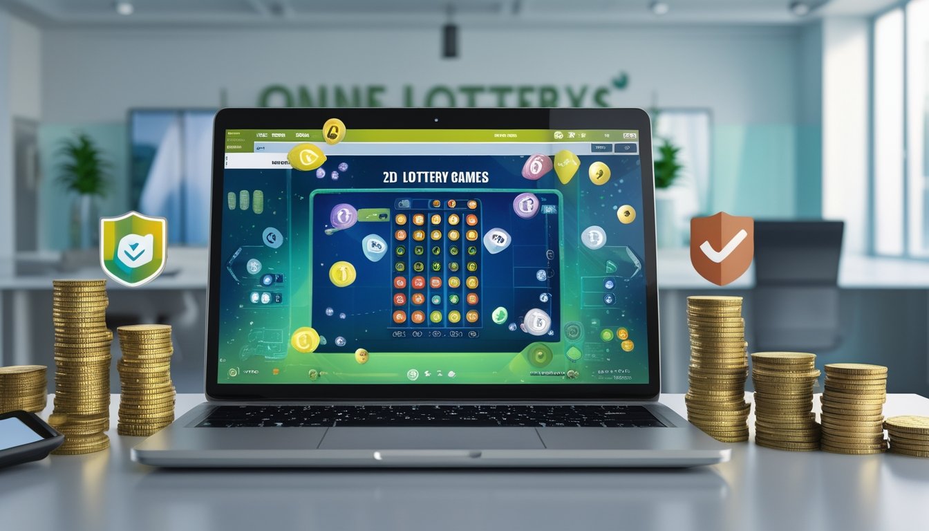Seorang profesional menggunakan laptop dan ponsel untuk bermain lotere online dengan simbol keamanan dan transaksi digital di meja kerja.