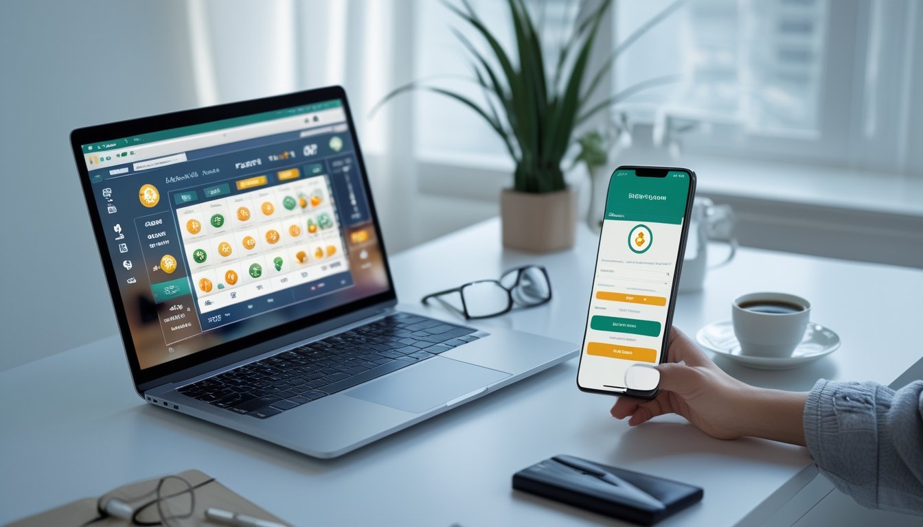 Meja kerja modern dengan laptop yang menampilkan antarmuka lotre digital dan ponsel yang menunjukkan konfirmasi deposit tanpa potongan.
