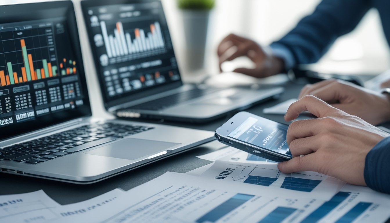 Seseorang sedang bekerja dengan perangkat digital dan lembar data angka togel di meja kerja.