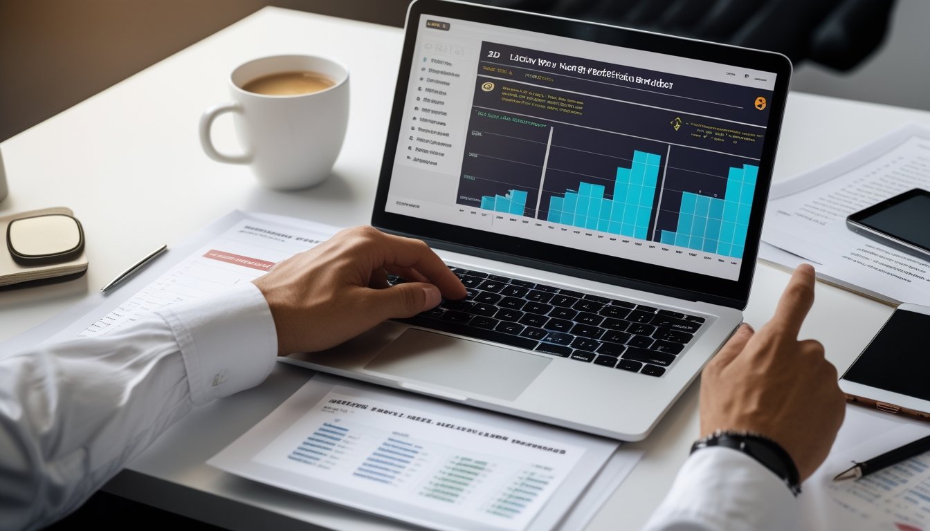 Meja kerja dengan laptop menampilkan grafik dan data angka togel 2D, tangan seseorang menunjuk layar dan memegang pena, suasana fokus dan analitis.