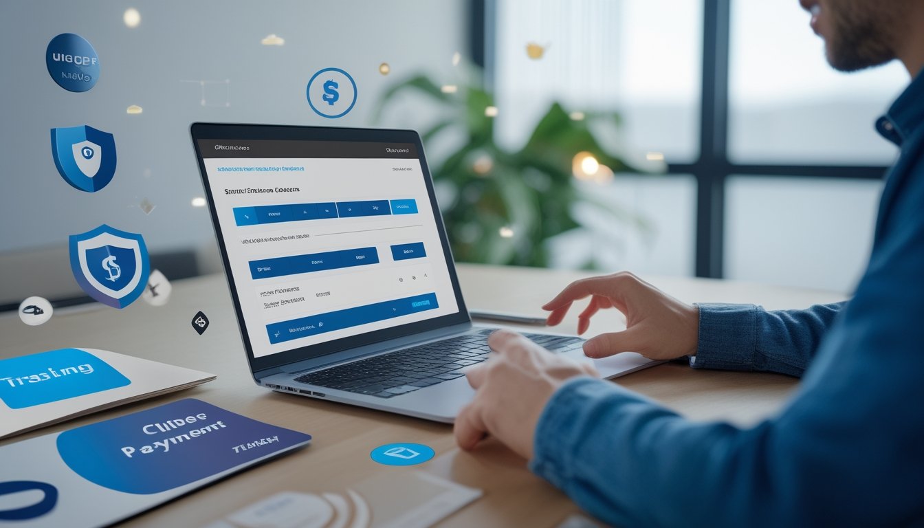 Seseorang menggunakan laptop di meja kerja dengan layar menampilkan konfirmasi pembayaran yang aman, menunjukkan konsep platform togel online yang terpercaya.