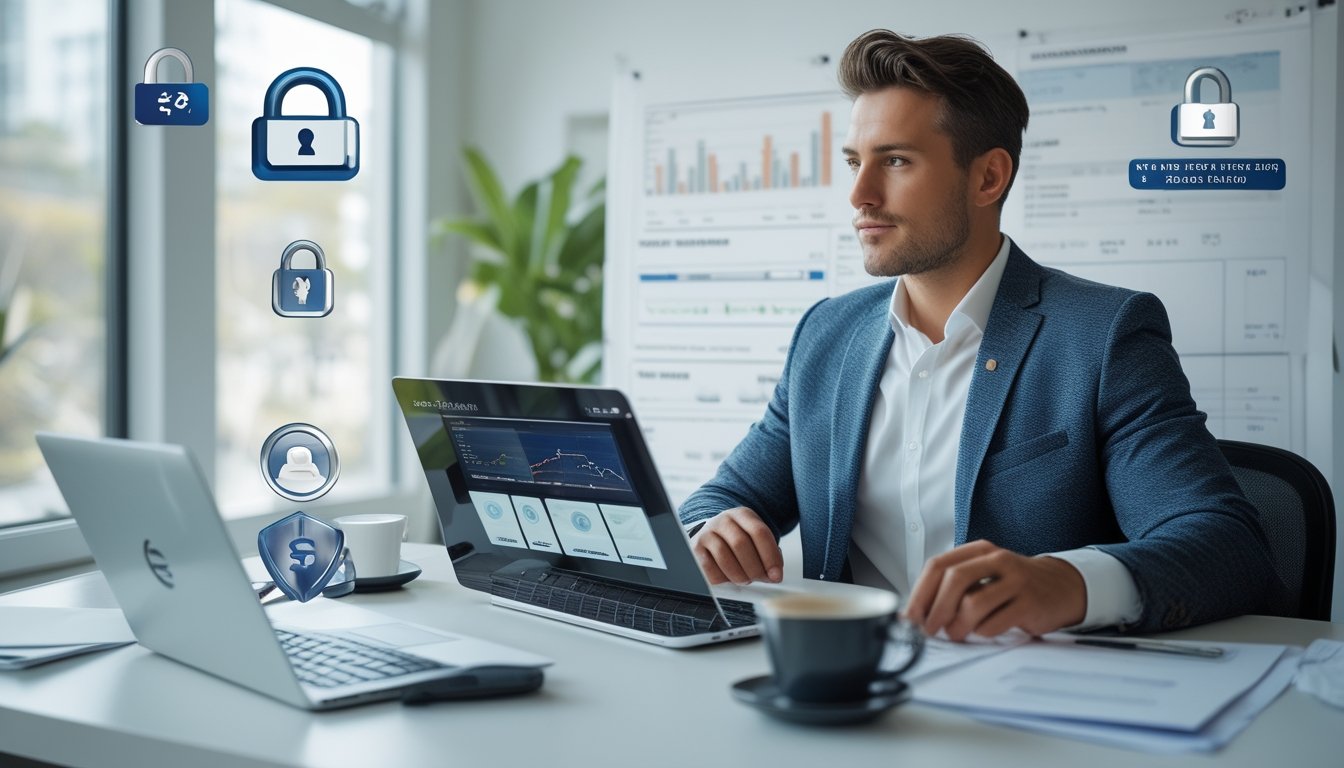 Seorang profesional duduk di meja kantor modern dengan perangkat digital yang menampilkan grafik keuangan dan konfirmasi pembayaran, menunjukkan suasana kerja yang fokus dan terpercaya.
