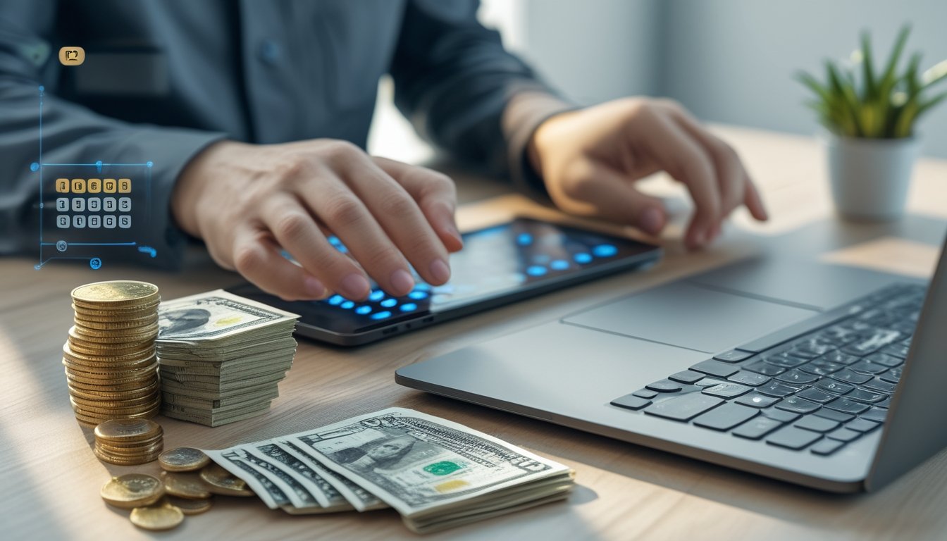 Seseorang menggunakan laptop dan uang Rupiah di atas meja, menunjukkan aktivitas bermain togel online dengan deposit kecil.