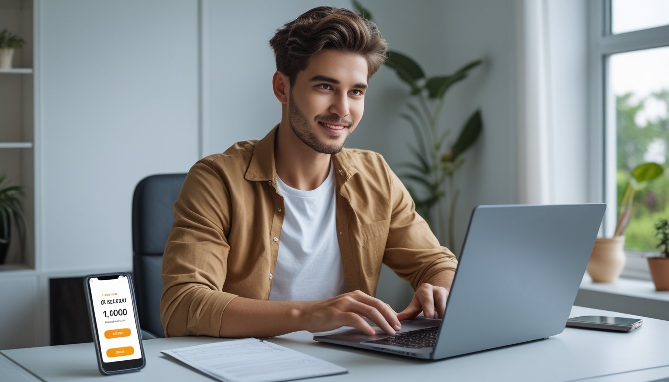 Seorang pria muda sedang menggunakan laptop di meja kerja di rumah, terlihat fokus dan optimis saat bermain togel 2D online dengan smartphone di dekatnya.