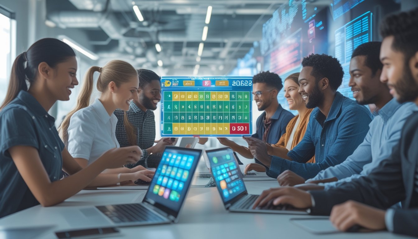Beberapa orang menggunakan perangkat digital untuk bermain togel 2D online di ruang kerja modern.
