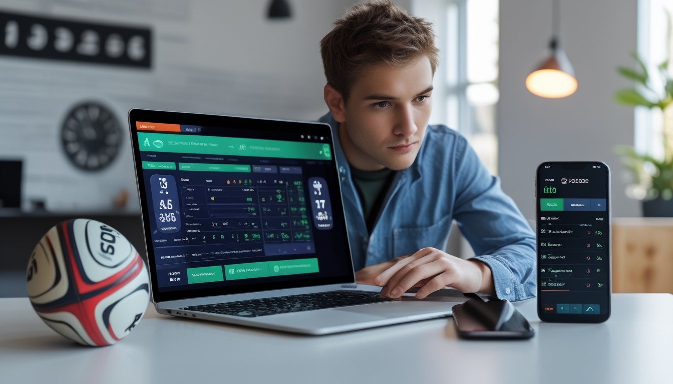 Seorang pemuda fokus menggunakan laptop dengan layar menampilkan statistik pertandingan rugby dan peluang taruhan, di meja kerja modern dengan bola rugby dan ponsel terbuka aplikasi taruhan.