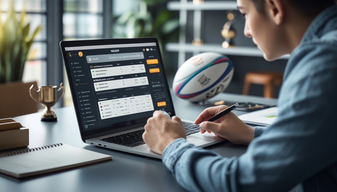 Seseorang sedang menganalisis data taruhan rugby online di depan laptop dengan bola rugby dan trofi di latar belakang.