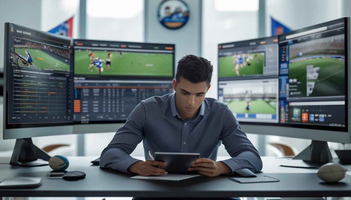 Seorang analis olahraga sedang mempelajari statistik pertandingan rugby di depan beberapa monitor komputer di ruang kantor modern.