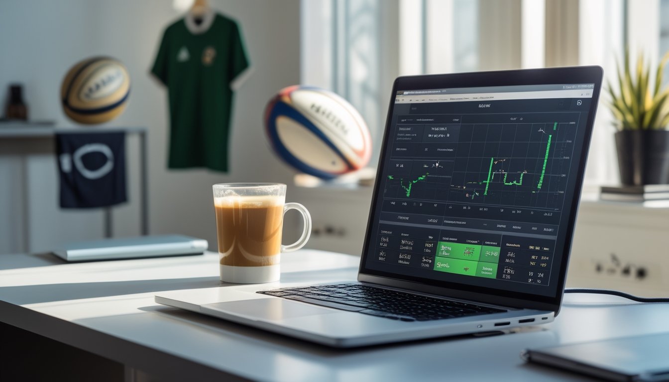 Meja kerja modern dengan laptop yang menampilkan grafik odds rugby, secangkir kopi, dan perlengkapan rugby di latar belakang.