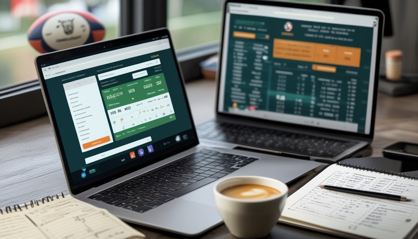 Meja kerja dengan laptop, ponsel, dan catatan yang menunjukkan pengelolaan modal taruhan rugby online.