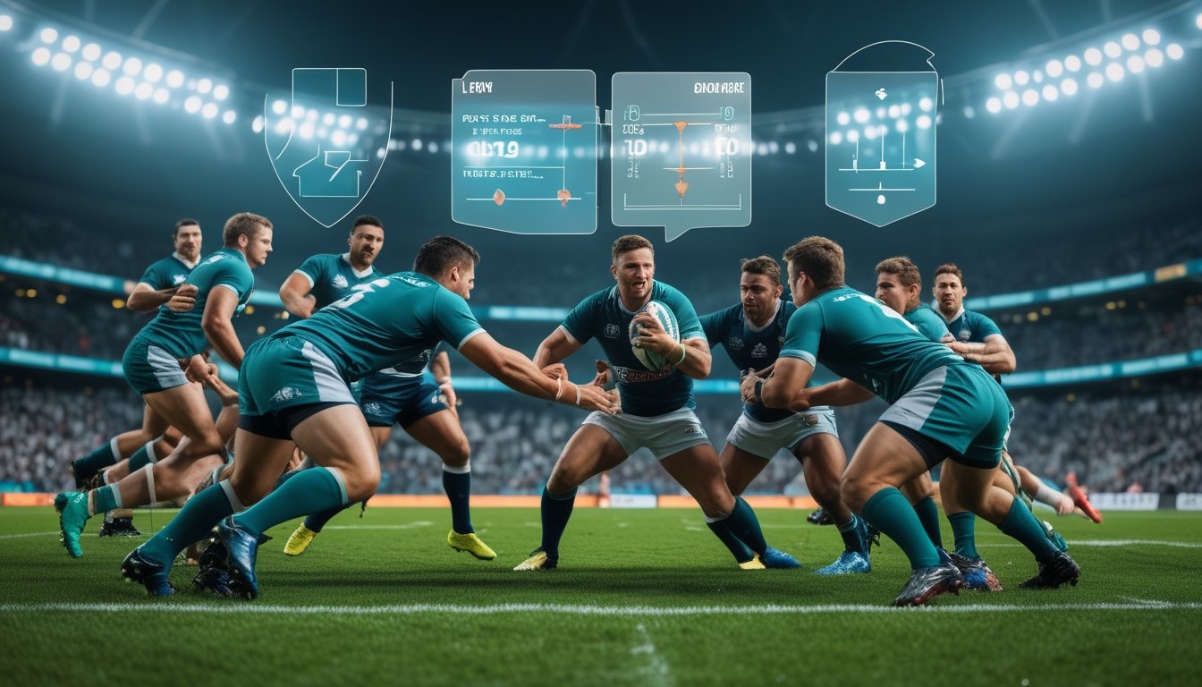 Pertandingan rugby sedang berlangsung dengan dua tim yang berkompetisi di lapangan hijau, pemain saling bertarung dan penonton menyaksikan dari tribun.