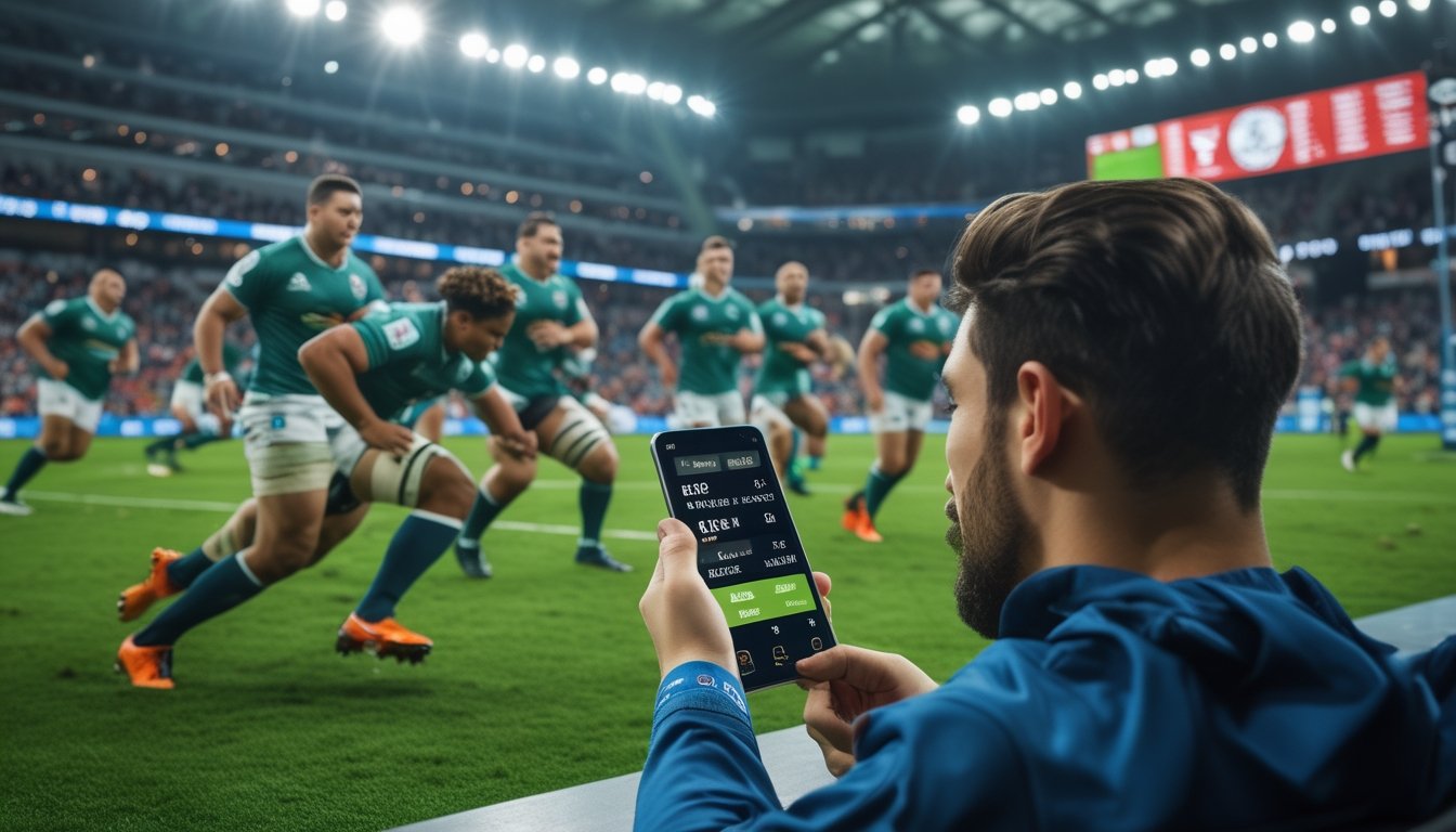Seorang dewasa muda menggunakan ponsel untuk memasang taruhan langsung saat pertandingan rugby berlangsung di stadion dengan pemain beraksi dan penonton antusias di latar belakang.