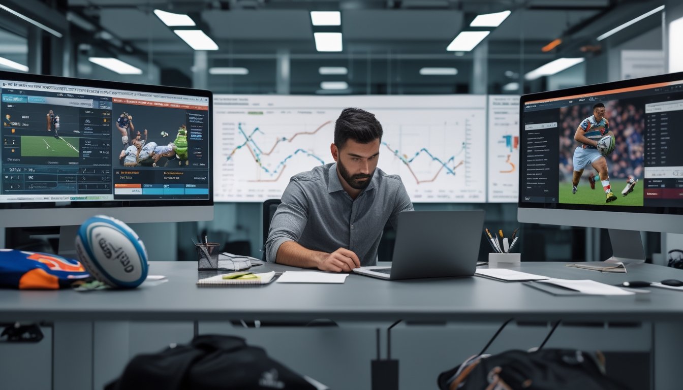Seorang analis olahraga sedang mempelajari statistik dan rekaman pertandingan rugby di kantor modern.