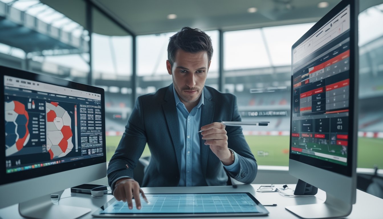 Seorang analis olahraga sedang memeriksa data performa pemain rugby di depan beberapa layar komputer di kantor modern.