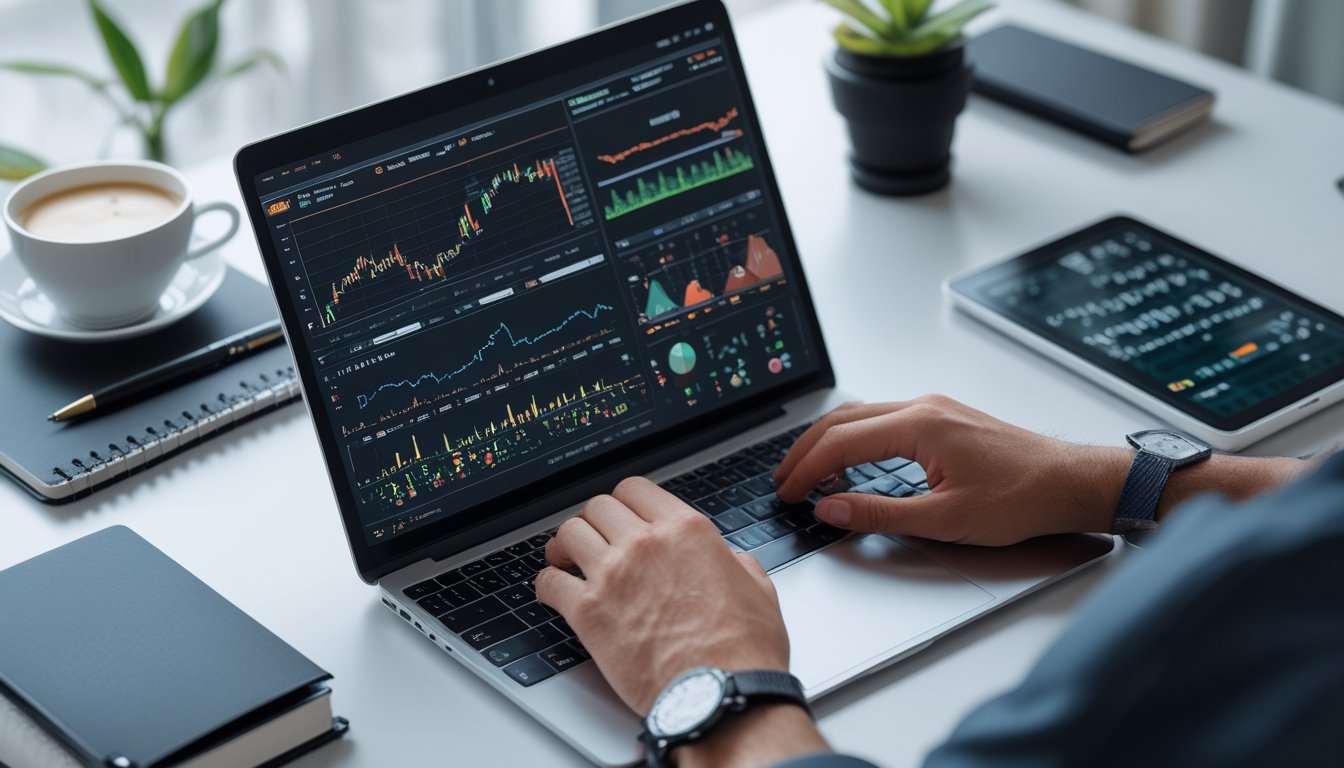 Sebuah ruang kerja modern dengan laptop yang menampilkan grafik dan analisis data, tangan seseorang sedang menggunakan laptop, dikelilingi alat tulis dan ponsel, di kantor yang terang dan rapi.