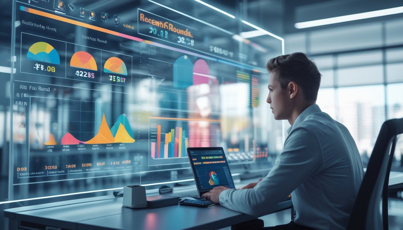 Seorang profesional muda sedang menganalisis data statistik pada layar digital di sebuah kantor modern.