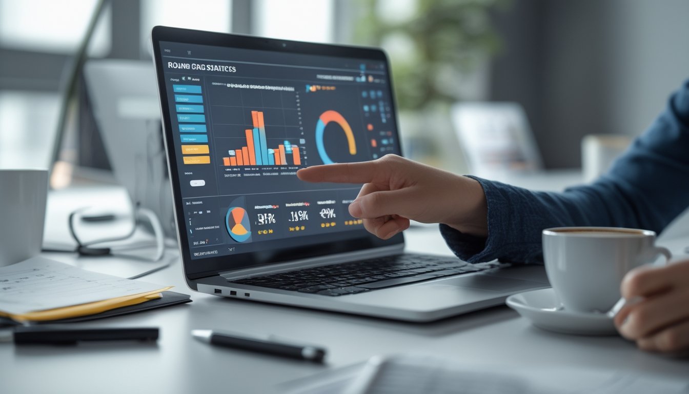 Seorang profesional sedang menganalisis grafik statistik terbaru di depan laptop di meja kerja yang rapi.