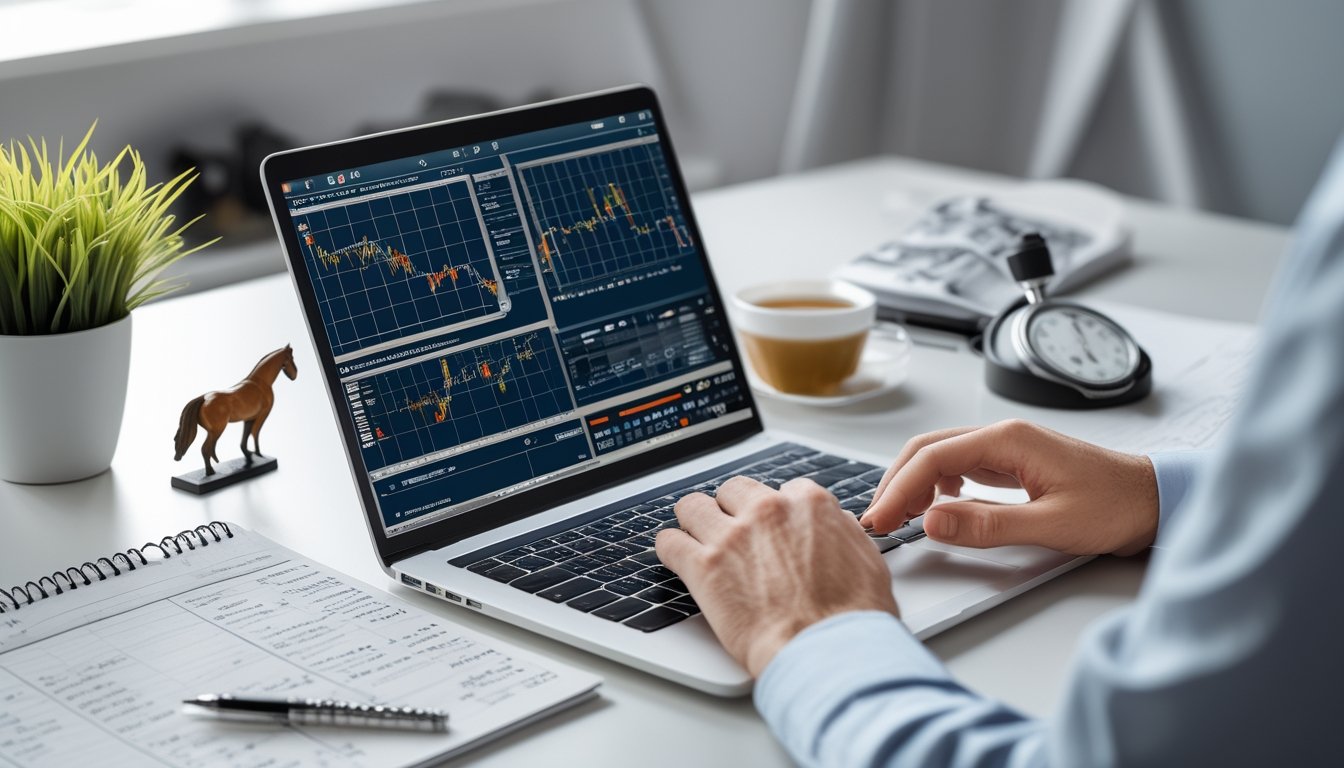 Seorang profesional sedang menggunakan laptop dengan grafik dan catatan di meja yang rapi, di sekitarnya terdapat miniatur kuda dan alat terkait balapan kuda.